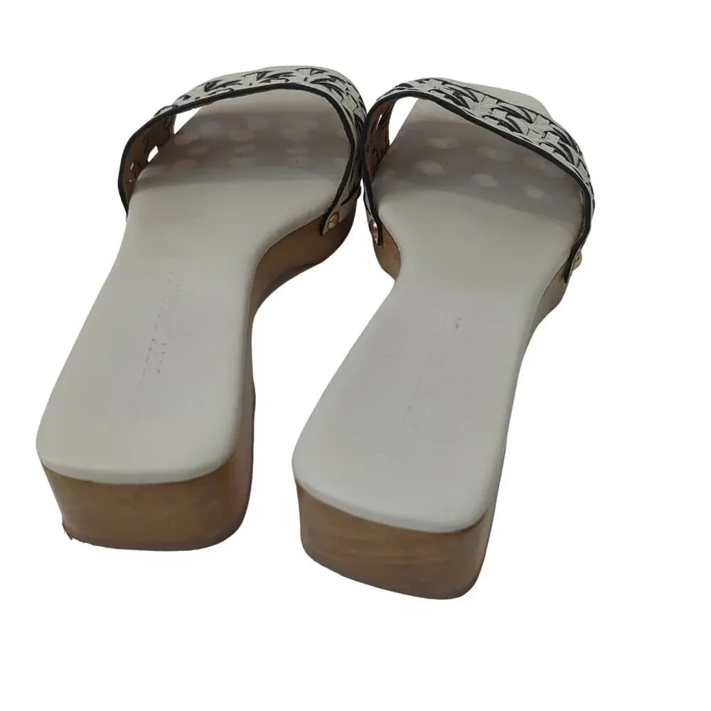 Tory Burch Basket Weave Clog In Almond Flour Cream 8.5 Women's Square Toe Sandal